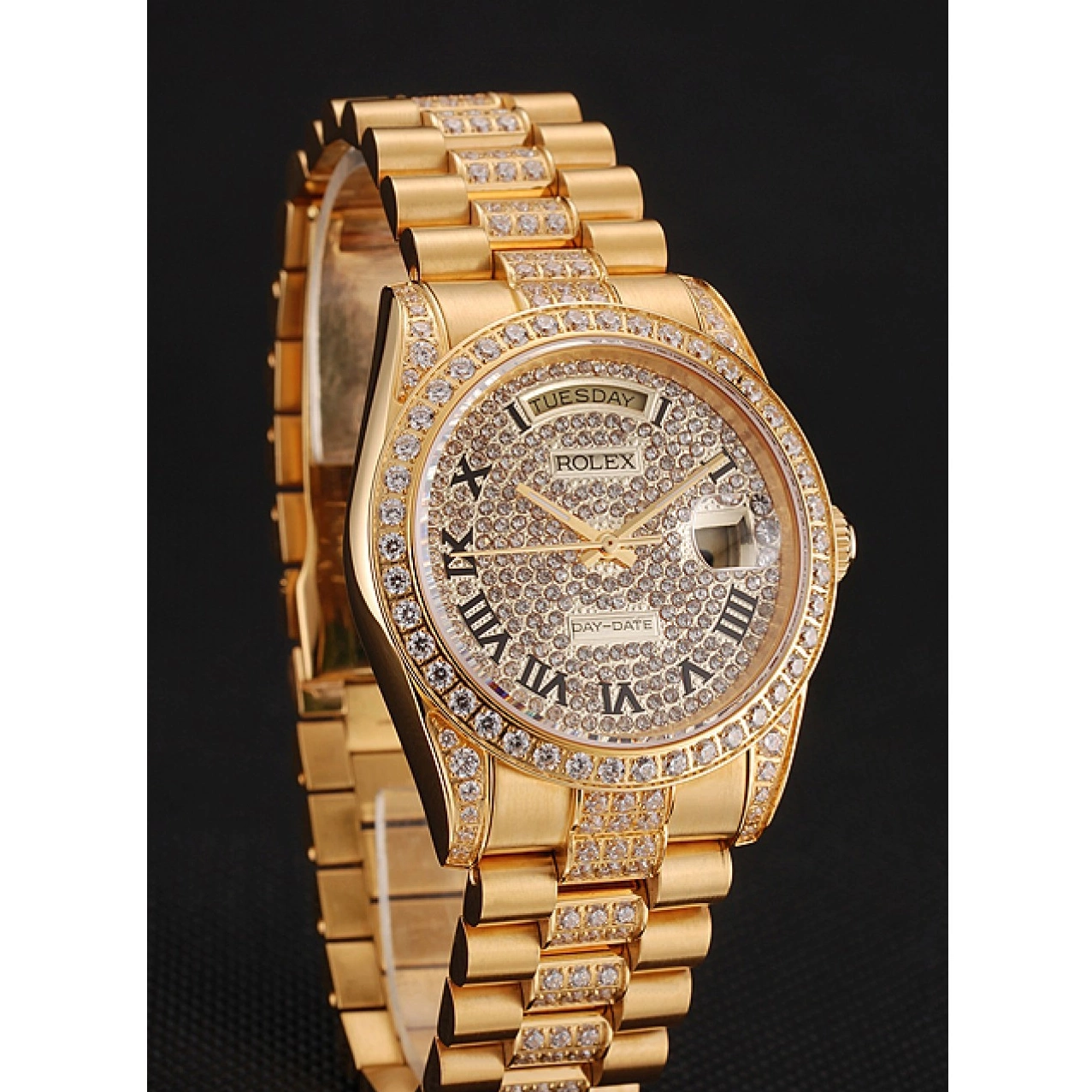 Good copy rolex watches Dial Bracelet Gold Diamond Rolex 1453956 Pave Swiss Diamond Day-Date 0814